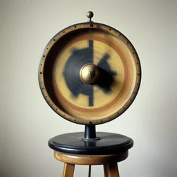 a spinning wheel sitting on top of a stool, a surrealist sculpture by marcel duchamp, behance, fluxus, studio portrait, academic art, studio light, grainy 3 5 mm film