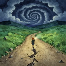 walking on an old crackled dirt road with lots of broken stones, nightly, spiral, naive nerikomi, weird perspective, extra narrow, detailed illustration, lit by flashlight, scenic spiral environment by rhads from lorax movie, trending artstation, true color, grass field mountainous terrain, spiral clouds