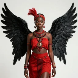 african woman with red tribal clothes and black wings, ultra detailed, 8 k, trending on artstation, award - winning art,