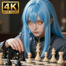 beautiful young rimuru tempest playing chess, with amber eyes of golden colored eyes, straight hair, sky blue hair, long bangs, high collar, concept art, award winning photography, digital painting, cinematic, wlop, 8 k, by ross tran, tom bagshaw, andy warhol