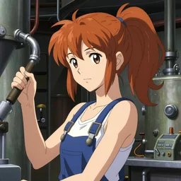 dieselpunk airship engineer working in a boiler room, ginger ponytail, tank top and overalls, kyoto animation still, finely illustrated face, intricately detailed features, cel shading, digital painting, makoto shinkai, painted by ilya kuvshinov and katsura masakazu and alphonse mucha and satoshi kon