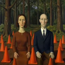 orange cones in a forest, by francis bacon, surreal, james jean, greg hildebrandt, triadic color scheme, in the style of francis bacon and edward hopper and beksinski, dark surrealism