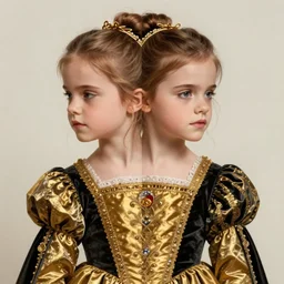 emma watson symmetrical portrait as 1 0 yo renaissance princess, golden and black dress, intricate, elegant, volumetric lighting, highly detailed, digital painting, artstation, concept art, sharp focus, illustration, art by aleksi briclot, rutkowski