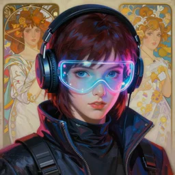 neon cyberpunk hacker with glowing geordi visor and headset headshot portrait painting by donato giancola, rhads, hayao miyazaki, alphonse mucha, mead schaeffer fashion photography