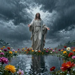 volumetric lighting, highly detailed, by greg rutkowski, complementing colors, god looking at me, heavy rainy, lofty heavens, water reflection, flowers, hyper realistic, concept art, 8 k detail post - processing