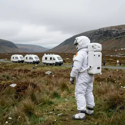 tourist astronaut visiting the Isle of Harris, Scotland, a spaceship caravan in the background, 35 mm lens, photorealistic