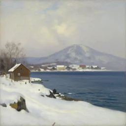 the coast of hokkaido in winter, japan in the style of hudson river school of art, oil on canvas
