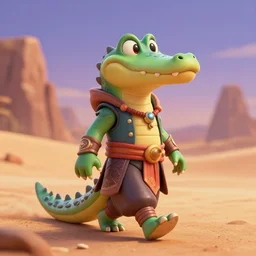 antropomorphic crocodile warrior in aladdin's world as nendoroid walking in a desert in the croods movie style, anime, disney, pixar, 8 k, hd, dof, kodak film, volumetric lighting, subsurface scattering, photorealistic, octane render, details