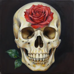 a beautiful painting skull rose, by kusama miyama and jean michel basquiat realistic oil painting
