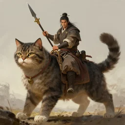 a mighty warrior with a spear riding a huge cat, digital painting, concept art