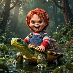 screaming chucky doll snapping turtle in a swamp