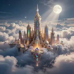 cloud city made of multicoloured jewels, fantasy, fluffy clouds, sun rays reflecting off of city, cinematic, octane render, art station, dramatic lighting, beautiful moonlight night, concept art, rococo, photorealistic, intense detail, 8 k