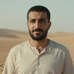 real life photo of a Syrian man, short dark hair, goatee and moustache, blue watery eyes, full round face, short smile, serene desert setting, cinematic lightning, medium shot, mid-shot, highly detailed, trending on artstation, Unreal Engine 4k, 80mm, 85mm, cinematic wallpaper