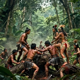 editorial photo of brutal battle in layered  jungle, Asian samurais and Amazonian females climbing onto another and fight, epic,three point perspective, vintage, blood, slight inspiration of Boris vallejo and  apocalypto, war photography