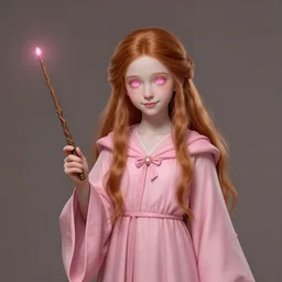 Full portrait of a cute teenager girl, classical witch, classical robes, pastel pink robes, long light red hair, wooden magic wand, glowy pink eyes, pale skin, cute smile, D&D, DND, high fantasy, extremely detailed, by Tony Sart, by Leng Jun, by artgerm, by Craig Mullins, by James Jean, by Andrey Ryabovichev, by Mark Simonetti, by Peter Morbacher, matte painting, trending on Artstation, artstationHD, artstationHQ, cgsociety, octane