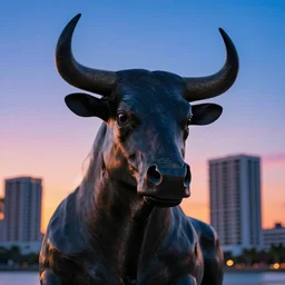 statue bull headed human, miami background by simon stalenhag, sunset, clear sky, sharp focus, vivid color, dark lighting
