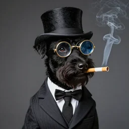 Portrait of a black hunting terrier in a suit with a top hat and a monocle smoking a cigare