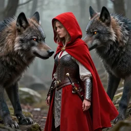beautiful red riding hood warrior confronting a werewolf ,highly detailed, 4k, HDR, award-winning, artstation, octane render