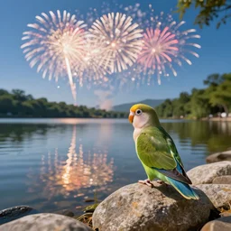 lovebird watching fireworks show at a lake, reflective, sunny day, landscape photography, nature, stones