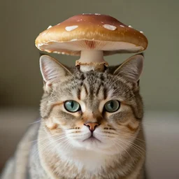 a small domestic housecat with a flat mushroom growing atop its head