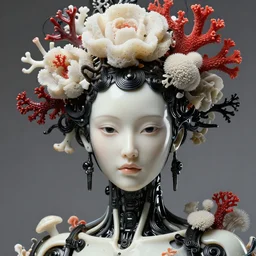 hyper detailed ultra sharp portrait of a beautiful porcelain well contoured ivory fair smooth deep cyberpunk scifi mechanoid, up close shot, sharp focus, global illumination, radiant light, black eyes, intricate sophisticated black large haute couture coral flower headdress made of white sponge red corals, brackets, mushrooms, puffballs, rhizomorphs, alexandre ferra, irakli nadar, octane render, 4 k, ultra hd,