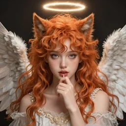 Portrait of a girl angel with orange scruffy hair, cat ears, glowing halo, wings, biting her lip, fantasy, intricate, elegant, highly detailed, digital painting, artstation, concept art, smooth, sharp focus, illustration, art by Krenz Cushart and Artem Demura and alphonse mucha