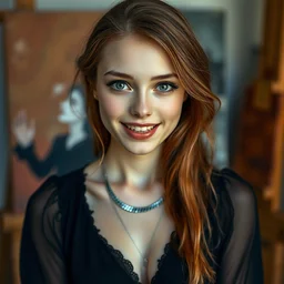 a portrait photograph of a crazy beautiful young woman painter in her studio with vampire fangs, wearing a black dress and silver necklace, copper brown hair, dark blue eyes, dof, sharp focus, slight smile, pale, highly detailed face, symmetric face, realistic iris, 4 k, cinestill 8 0 0 t, exif, raw, photography by paolo roversi