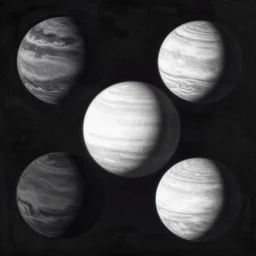 A beautiful painting of a five planets, There are five planets that are black, white, yellow, red, and blue, behind the galaxy and the universe, Trending on artstation, graphic design, simple
