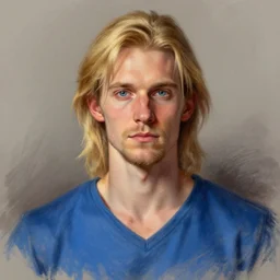 digital pastel portrait of a skinny white male, slightly longer blond hair and a light stubble beard, wearing a blue vneck shirt, blue eyes, little rugged, dnd, fantasy, wizard, trending artstation, dungeons & dragons, neutral expression, award winning lighting
