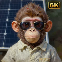 a monkey kid with sunglasses portrait with porcelain face and big eyes, solar panels, dressed in a vintage shirt, conceptual art, oil fantasy painting, hyperdetailed, dramatic light, 8 k