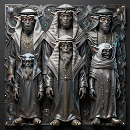 of goblins dressed as arabs. intricate abstract. intricate artwork. by tooth wu, wlop, beeple, dan mumford. trending on artstation, greg rutkowski very coherent symmetrical artwork. cinematic, hyper realism, high detail, octane render, 4 k, iridescent accents