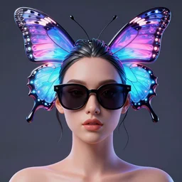 a 3 d model of an exotic beautiful woman with a neon butterfly head, dark sunglasses, perfect eyes, perfect symmetrical lips, unreal engine, cinema 4 d, intricate details, 8 k, ultra realistic, super detailed, octane, ray tracing, artstation, beeple, shiny plastic viny look