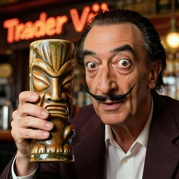 a closeup photorealistic photograph of salvador dali at trader vic's bar holding a tiki mug with his face on it. brightly lit scene. this 4 k hd image is trending on artstation, featured on behance, well - rendered, extra crisp, features intricate detail, epic composition and the style of unreal engine.