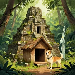canine adventurer exploring ancient ruins of a jungle temple dog house, sketched poster art