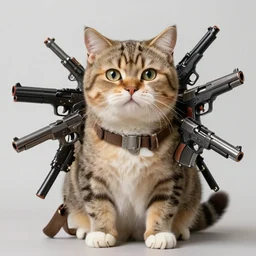 photograph of a realistic anthropomorphic cat with lots of guns