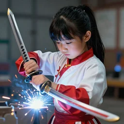 mad albino Asian girl kid welding a katana , unreal engine octane, red and white, portrait, gliter, depth of field, 8k, hyper detailed, bokeh