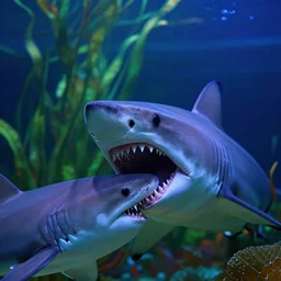 under water, hungry scary shark attacking you distant lighting, psychedelic, at night, aquatic plants, close up, biting another shark
