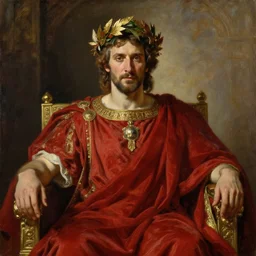 beautiful portrait oil painting, steve buscemi wearing a golden wreath crown in royal crimson robes enthroned as the god emperor of ancient rome, mid - shot, by anders zorn, wonderful masterpiece by greg rutkowski, beautiful cinematic light, american romanticism, by thomas lawrence, greg rutkowski