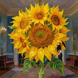 giant sunflower head, woman in a luxury apartment, surreal, dramatic light, impressionist painting, digital painting, artstation, van gogh