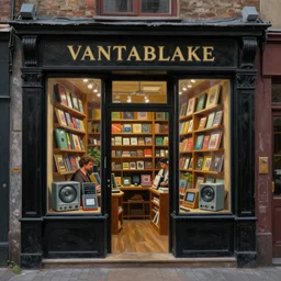 cozy independent bookstore. vantablack cloth technology, vintage shapes, retro technology, happy colors dariusz zawadzki, tim hildebrandt, wayne barlow, bruce pennington, larry elmore, oil on canvas, deep depth field, masterpiece, cinematic composition. dramatic zoom, hyperdetailed, hd, hdr