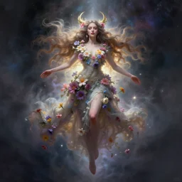 A photorealistic rendering, full face and body portrait, long shot, pose, of a beautiful vamp goddess, swarming in  flowers, magical. floating in a misty daze of the cosmos, flash bang, digital art by Pete Mohrbacher and Greg Rutkowski, Deviantart, Hemera, painting, photoshop, digitalart, digitalpainting, fantasy, goddess, light, photoshop, photoshoppainting