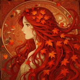 girl with super long hair, hair becoming autumn red leaves, intricate, digital painting, artstation, concept art, smooth, sharp focus, illustration, 8 k, art by artgerm and greg rutkowski and alphonse mucha