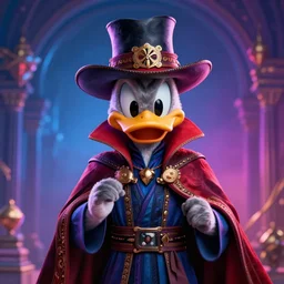 Hyper realistic image of Daffy Duck the Wizard as Doctor Strange. cinematic, hyper realism, high detail, octane render, unreal engine, 8k, Vibrant colors, Smooth gradients, High contrast, depth of field
