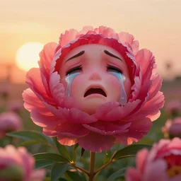 a hyper relalistic anthropomorphic peony crying on a sun set. high details, unreal engine, trending on artstation, concept art