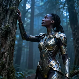 hyperrealistic concept art very beautiful! black woman with detailed exoskeleton armor, touching tree in a forest, brad kunkle elson peter, dramatic blue light low angle hd 8k sharp focus