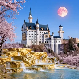 neuschwanstein castle on water flowing down gold travertine terraces during sakura season on a blood moon, by peter andrew jones and conrad roset, rule of thirds, beautiful landscape