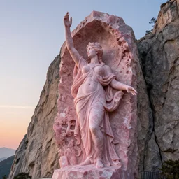 an ultradetailed colossal magnificent sculpture of pink quartz carved into the side of a massive mountain of an elegant woman with a hand raised to the sky, fine detail, sunrise on the horizon in the background, stone hand raised up, 8 k, art by greg rutkowski and alphonse mucha and andreas rocha and albert bierstadt