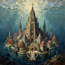 Stunning and highly detailed painting of a submerged city by Caspar David Friedrich