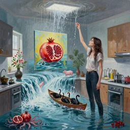 tall female emo artist in her flooded kitchen, water gushing from ceiling, painting of flood waters inside an artist's home, a river flooding indoors, pomegranates, pigs, ikebana, zen, water, octopus, river, rapids, waterfall, black swans, canoe, berries, zen, acrylic on canvas, surrealist, by magritte and monet