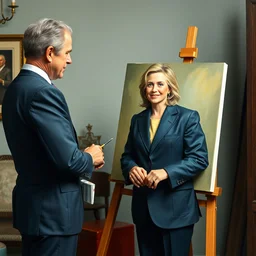 george w. bush, stands at his easel, painting a portrait of his daughter jenna bush